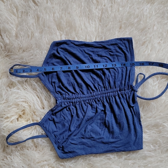 Caution to the Wind Ruched Drawstring Front Spaghetti Strap Ribbed Camisole Blue - Picture 5 of 6